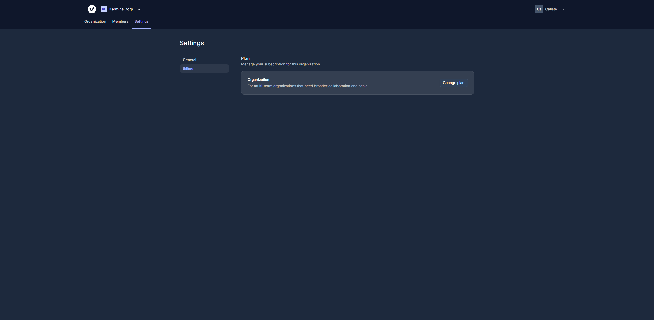 Billing page showing active plan, payment method, and invoice history