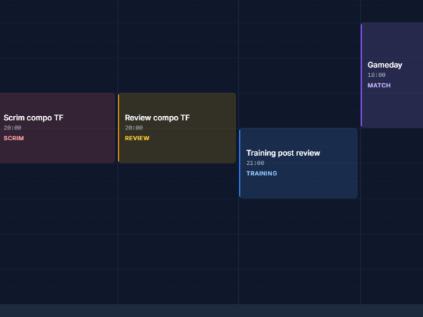 Team calendar showing a week view with training, scrim, review, and match events, plus availability controls