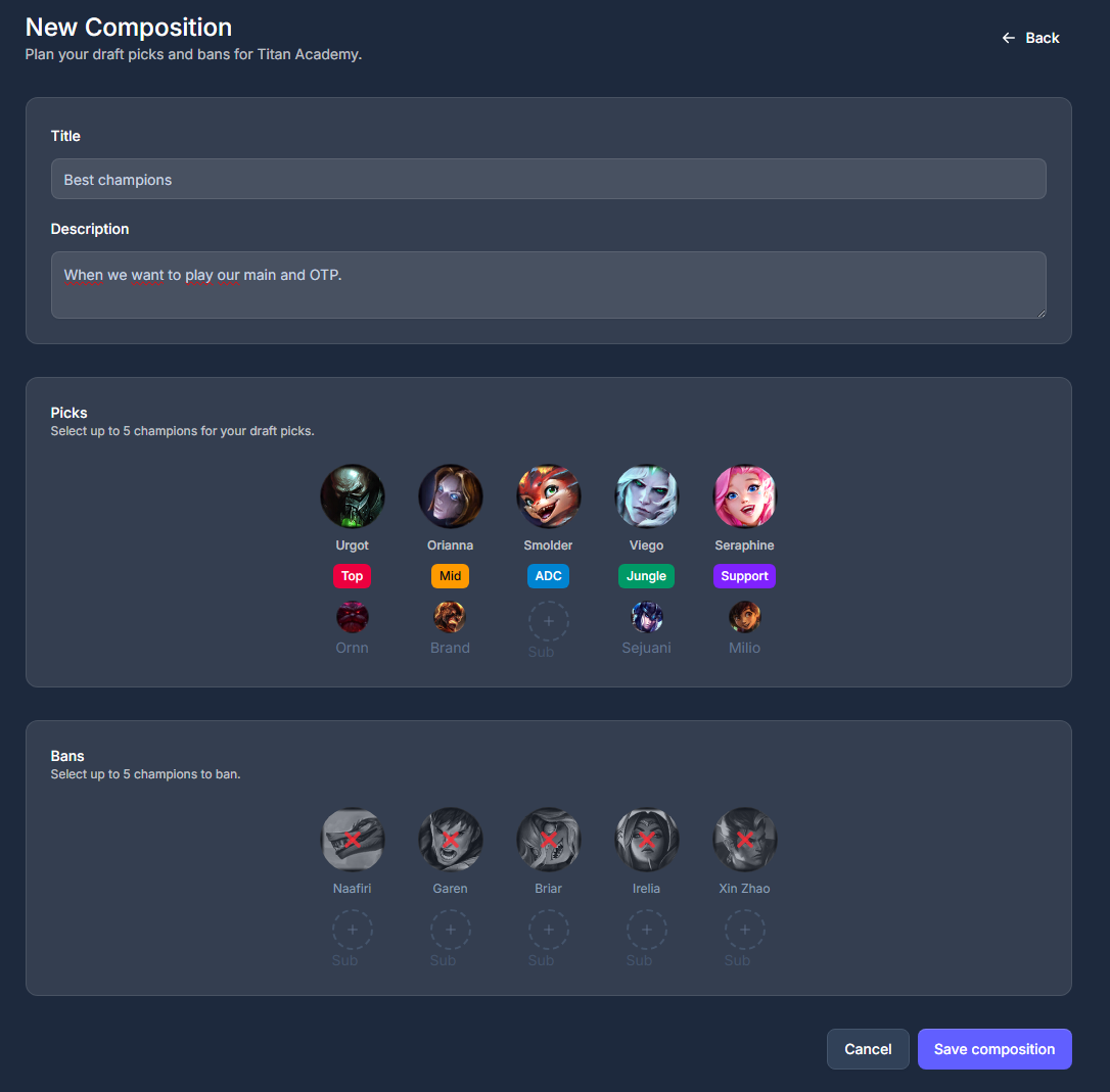 New composition editor with a title, description, five draft picks per role, and five champion bans for a team