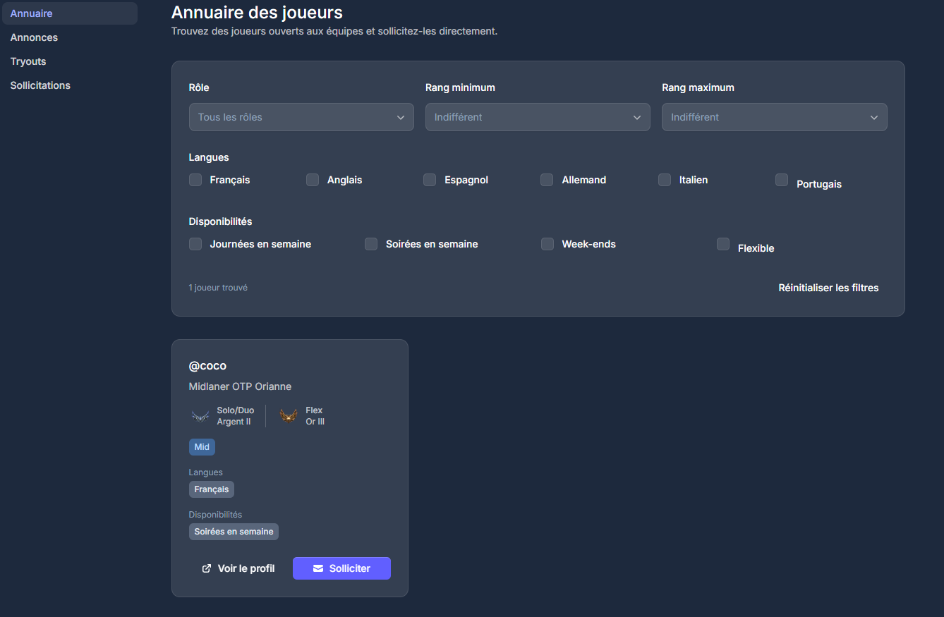 Player directory with role, rank, language, and availability filters, and a player card with a solicit button