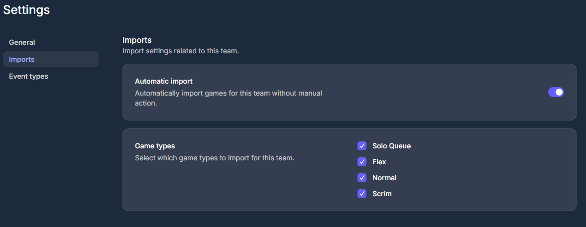 Team import settings showing the automatic import toggle and game type filters for Solo Queue, Flex, Normal, and Scrim