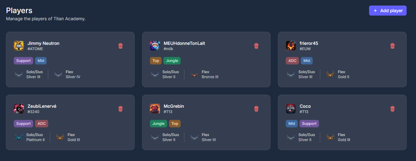 Players list with one card per roster member showing assigned roles and SoloQ and Flex ranks