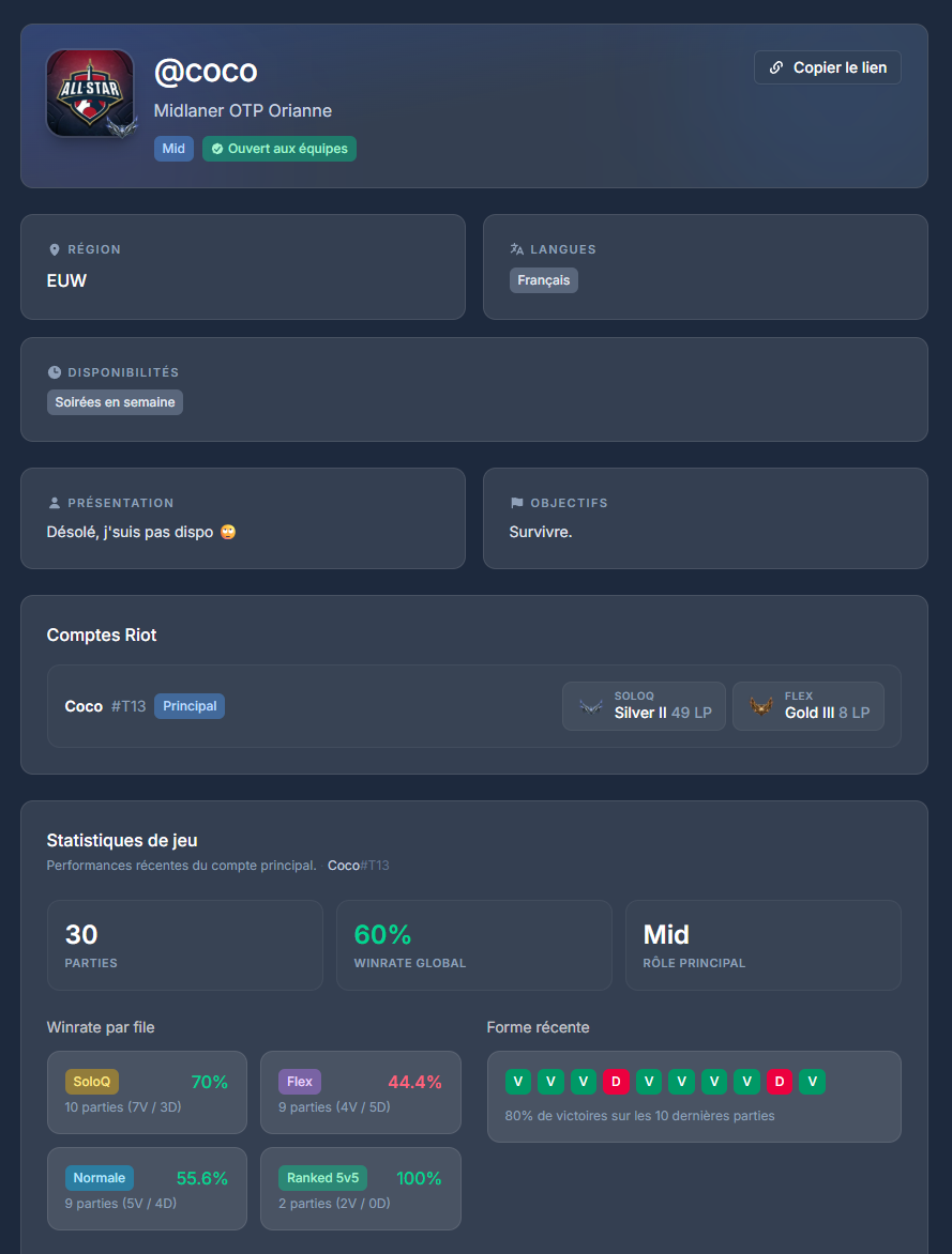 Public player profile showing role, region, languages, availability, linked Riot accounts with SoloQ and Flex rank, and recent game stats