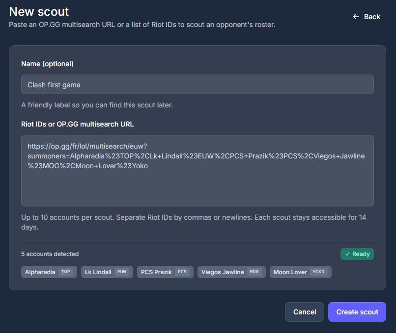 New scout form with a name field and a box to paste an OP.GG multisearch URL or Riot IDs, showing five detected accounts ready to scout