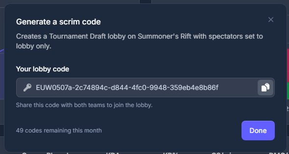 Generate a scrim code modal showing a Riot Tournament Draft lobby code on Summoner's Rift, ready to copy, with the monthly code quota remaining