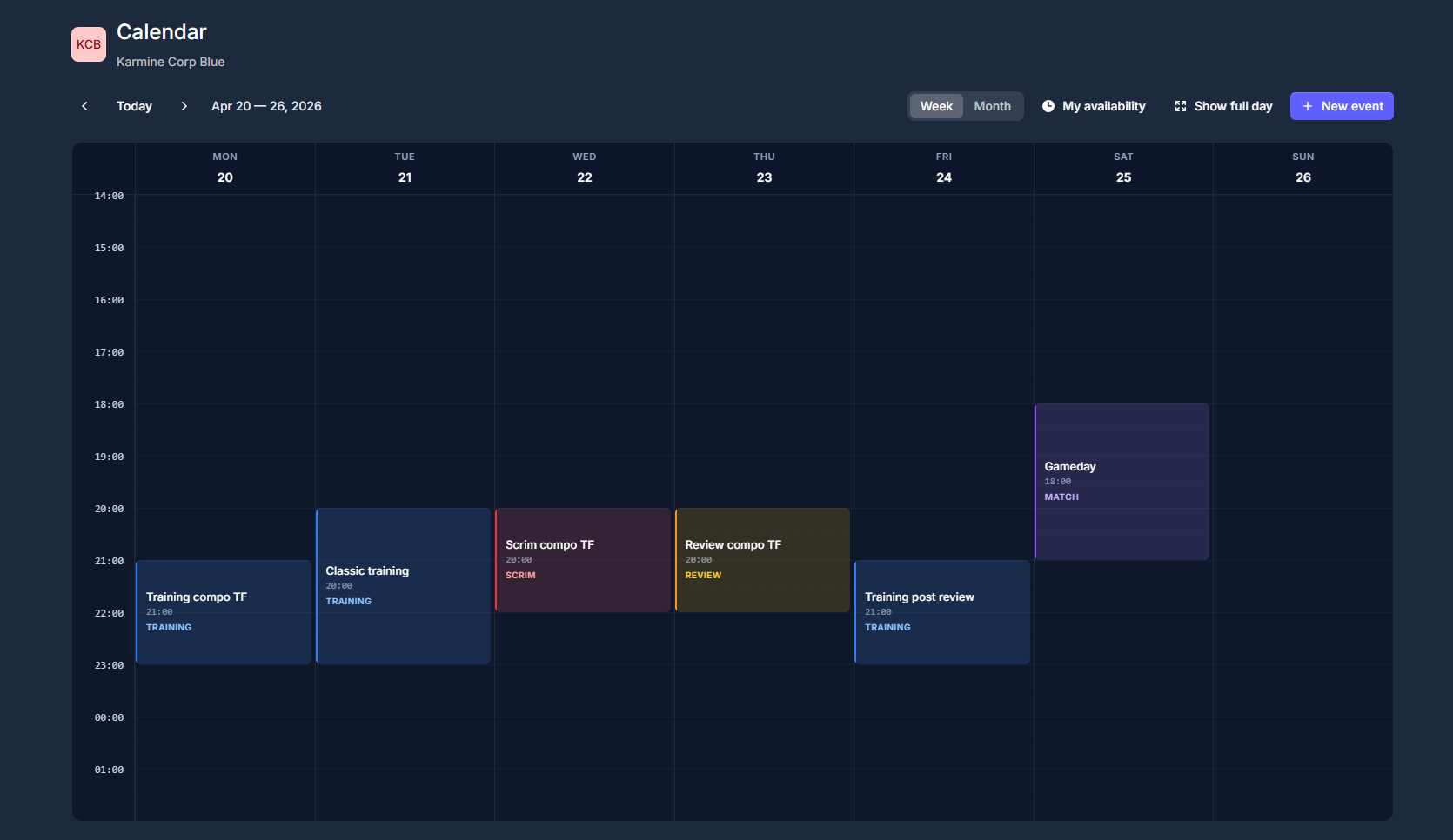 Team calendar week view with training, scrim, review, and match events