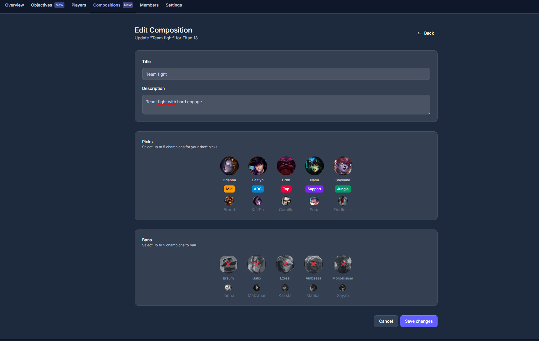 Composition editor showing picks and bans selection for a Team Fight composition